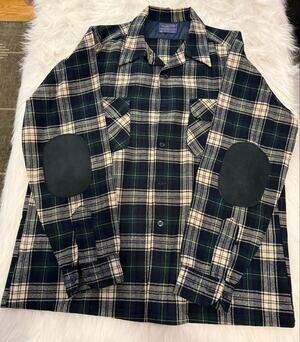 Vintage Pendleton Dress Gordon Tartan Wool Flannel Shirt with Elbow Patches